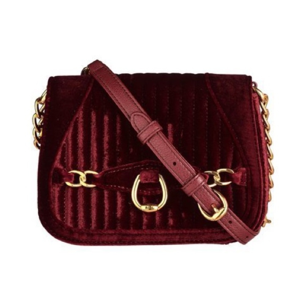 Ralph Lauren Quilted Velvet Crossbody Bag in Burgundy with Gold Hardware